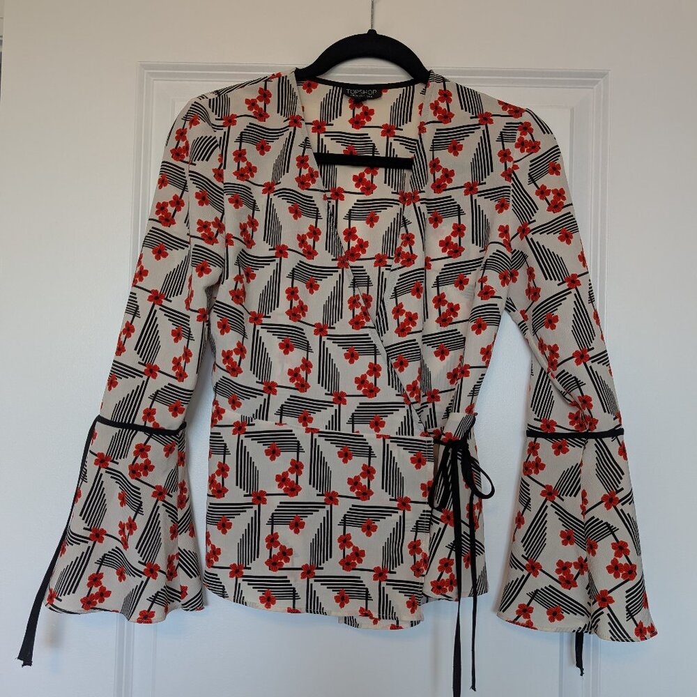 Topshop Vintage Style Cherry Blossom Print Wrap Blouse Women's Top Size 2